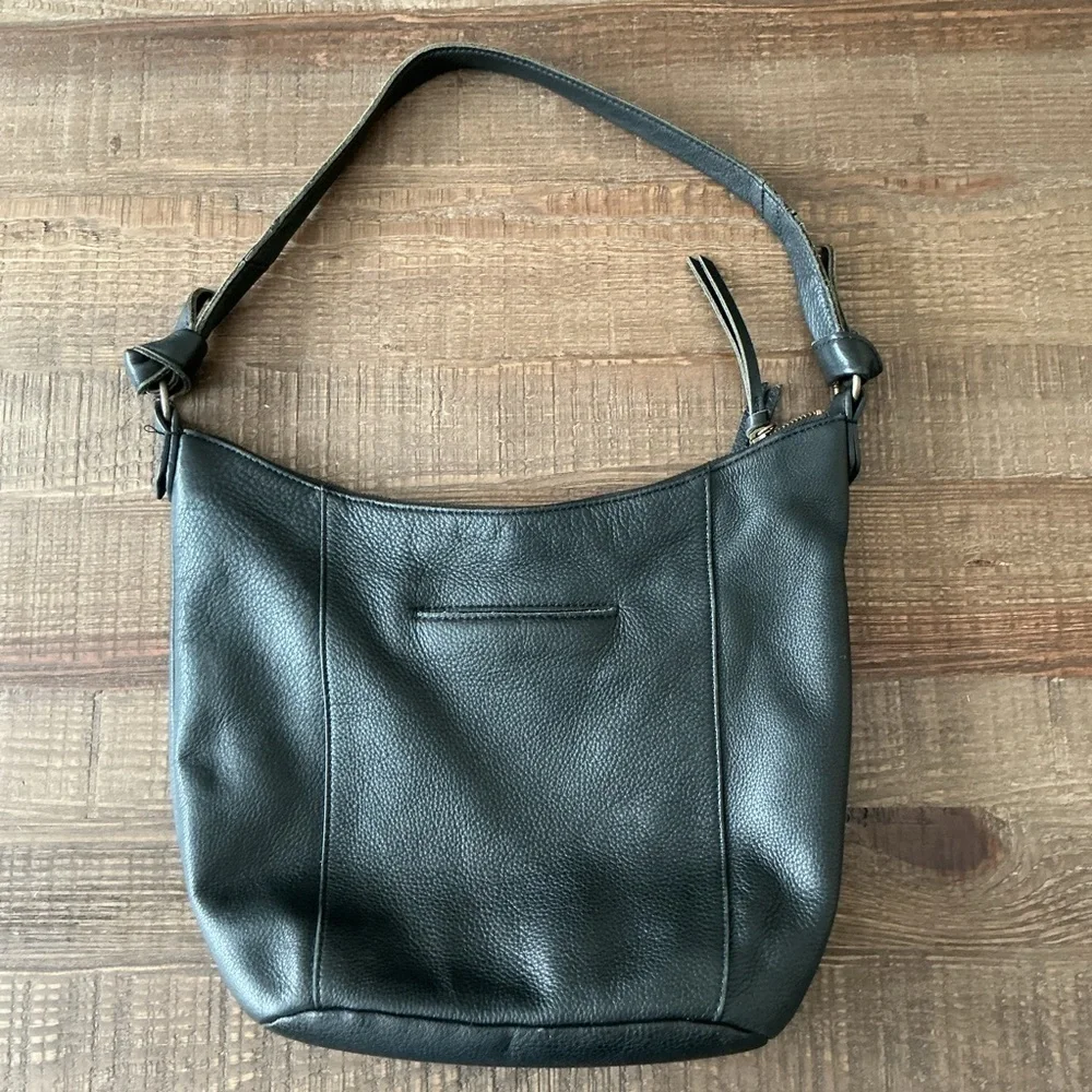 Elliot Lucca Black Leather Raw Edges Front Zippers Tie Handle Shoulder Bag Purse